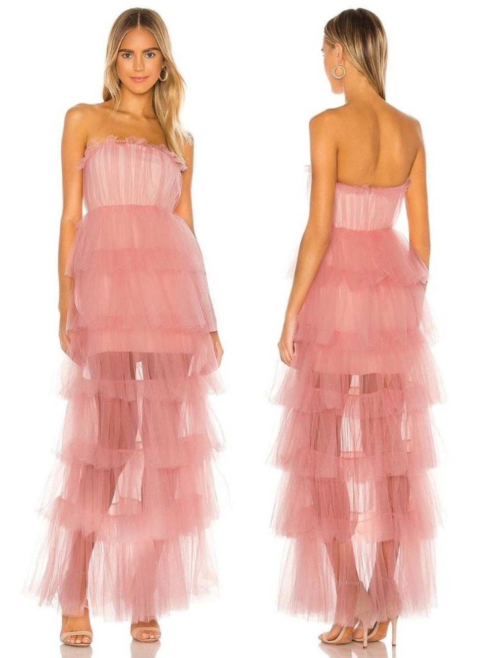 Lovers + Friends Dusty Rose Strapless Tiered Tulle Bobbie Gown Blush